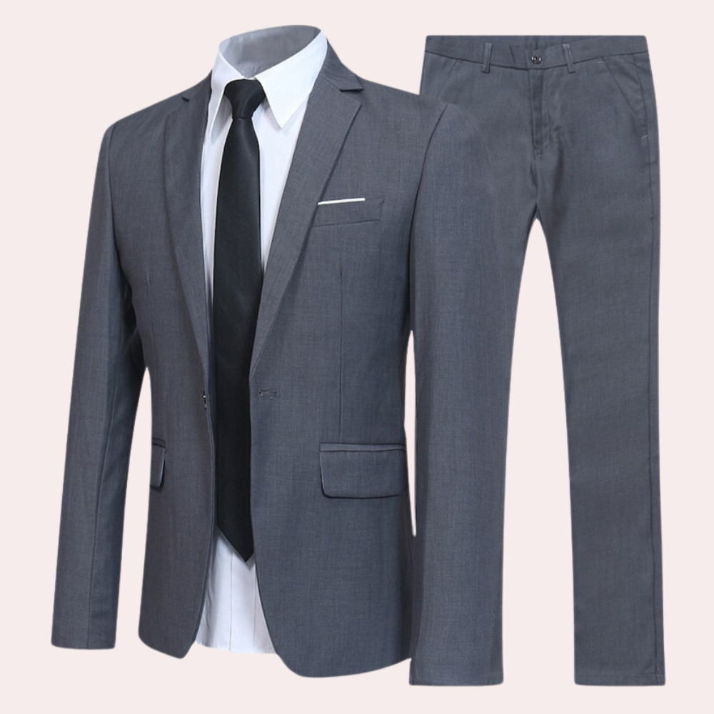 Men's two-button suit set with notched jacket, collared shirt, tie and matching trousers