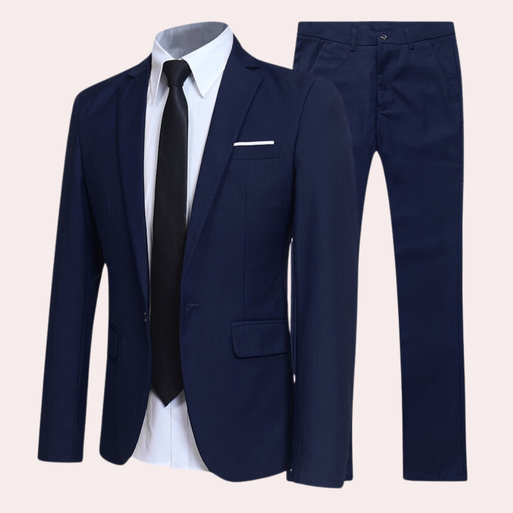 Men's two-button suit set with notched jacket, collared shirt, tie and matching trousers