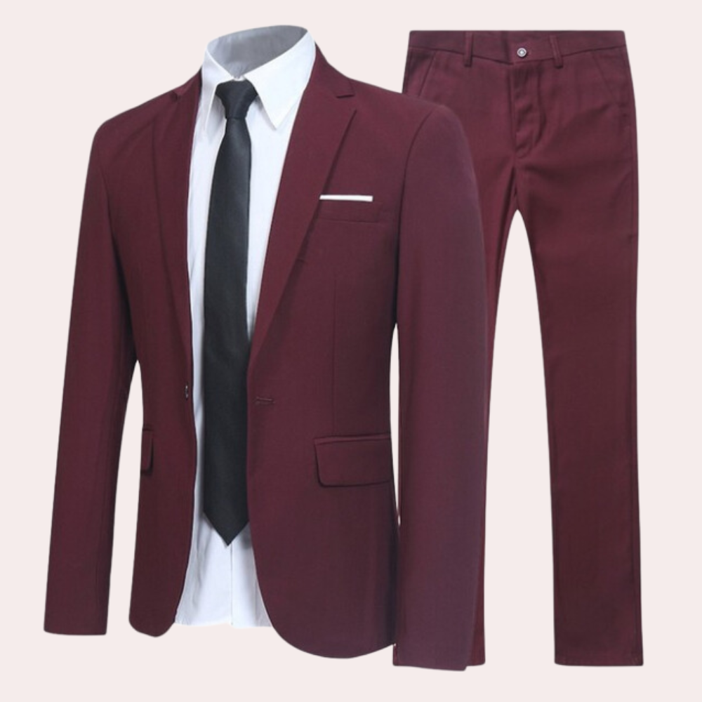 Men's two-button suit set with notched jacket, collared shirt, tie and matching trousers