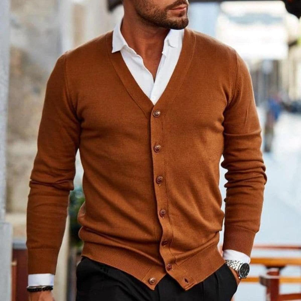 Men's long-sleeve V-neck button cardigan with ribbed trims