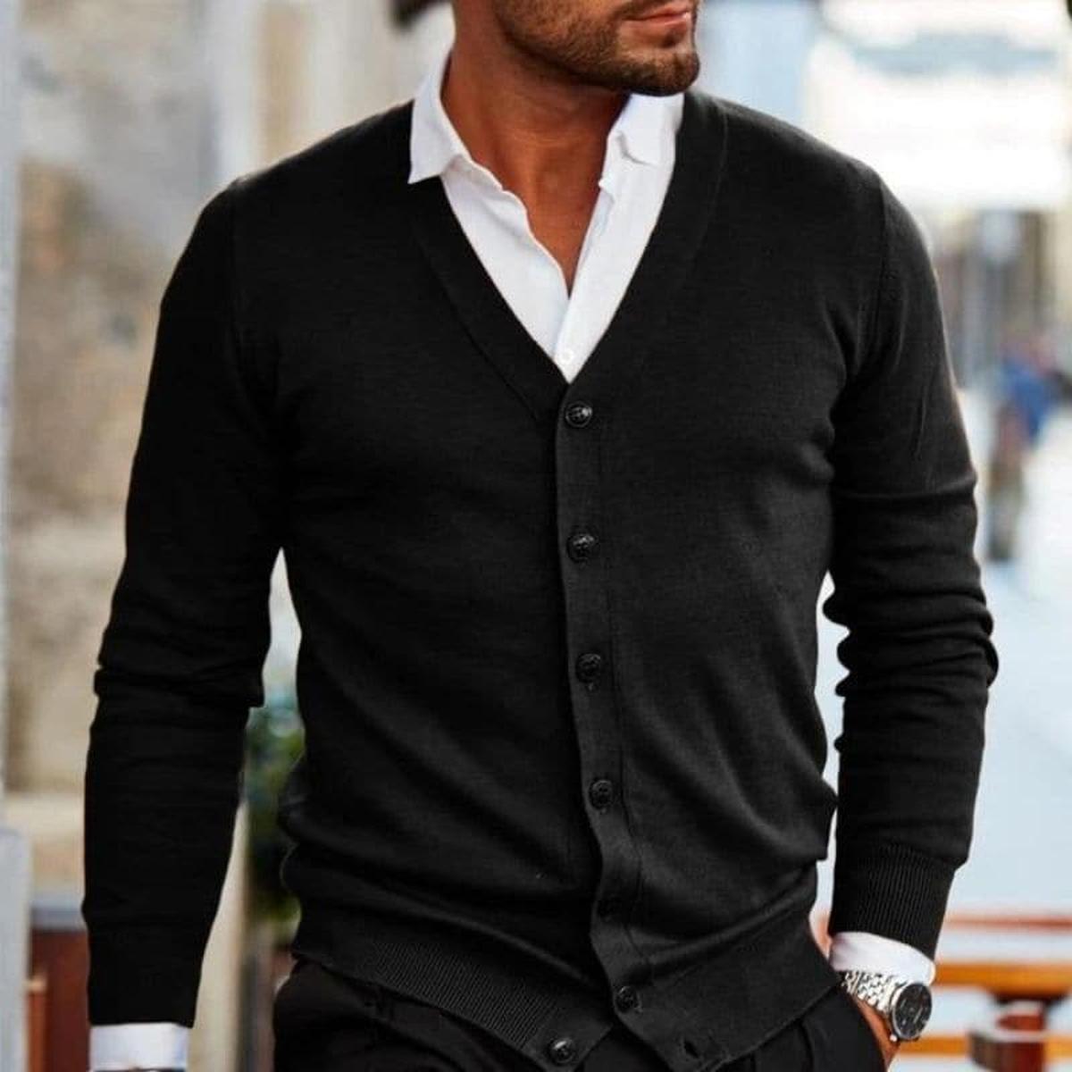 Men's long-sleeve V-neck button cardigan with ribbed trims