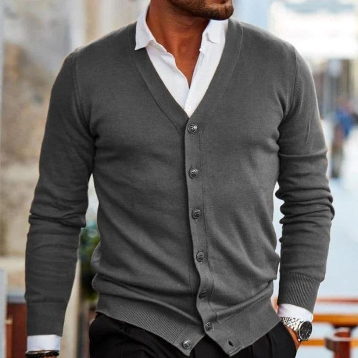 Men's long-sleeve V-neck button cardigan with ribbed trims
