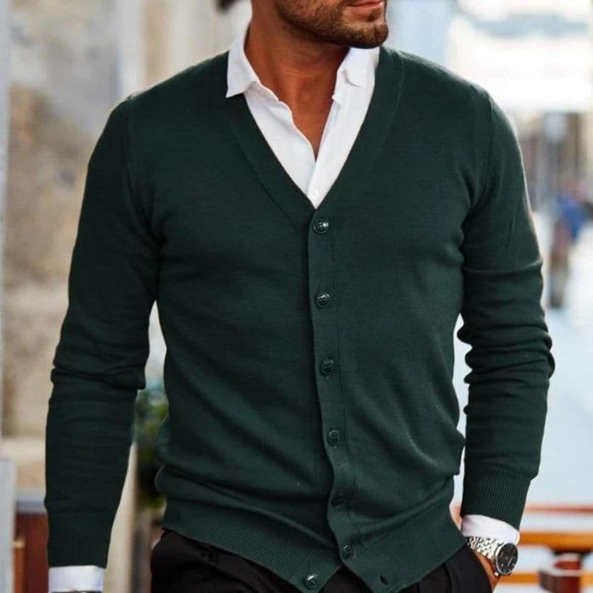 Men's long-sleeve V-neck button cardigan with ribbed trims