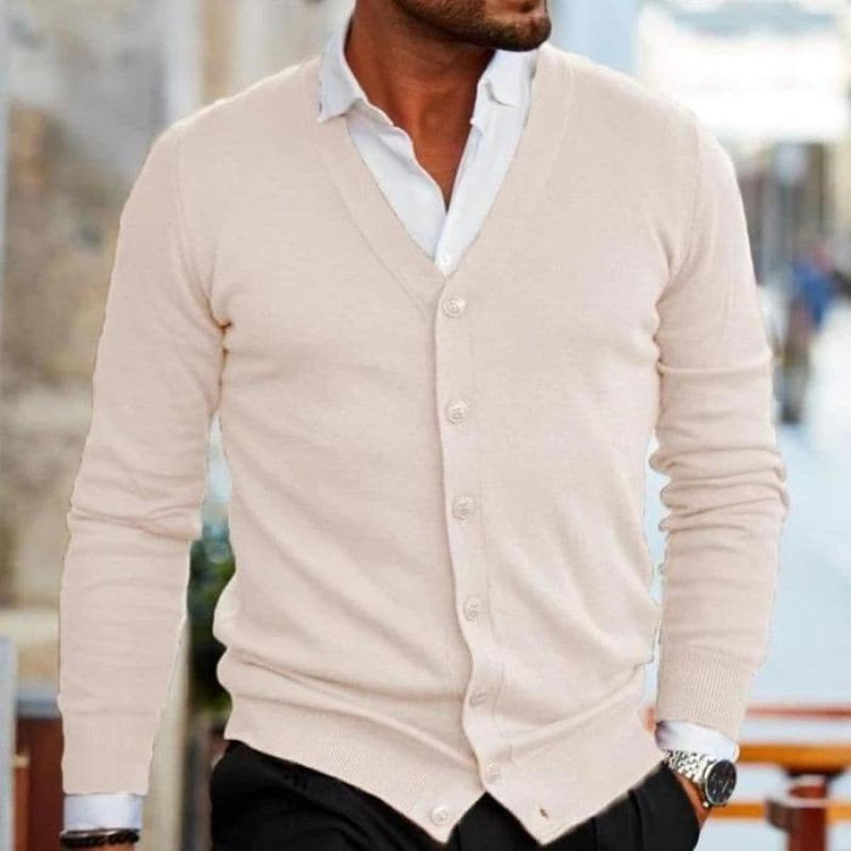 Men's long-sleeve V-neck button cardigan with ribbed trims