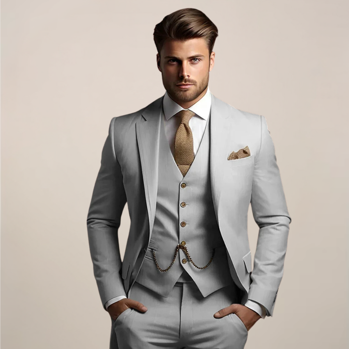 Men's three-piece suit with tailored blazer, buttoned waistcoat and full-length trousers