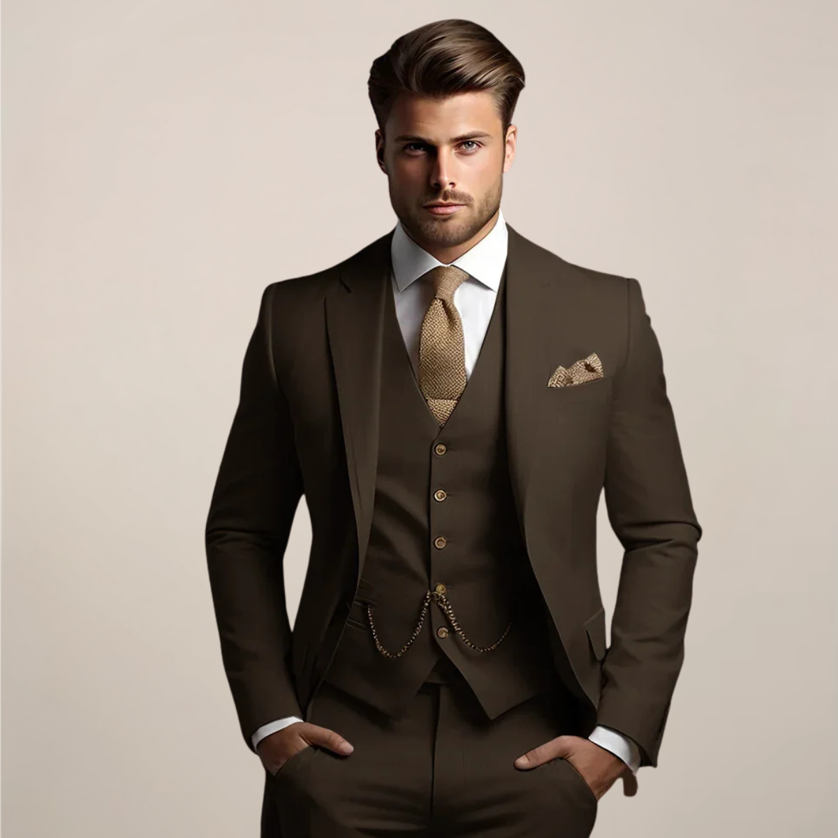 Men's three-piece suit with tailored blazer, buttoned waistcoat and full-length trousers