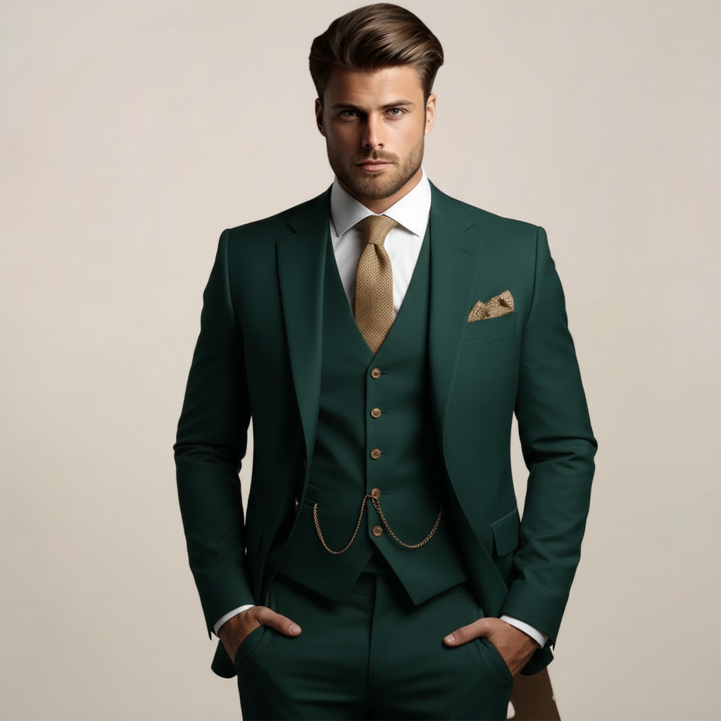 Men's three-piece suit with tailored blazer, buttoned waistcoat and full-length trousers