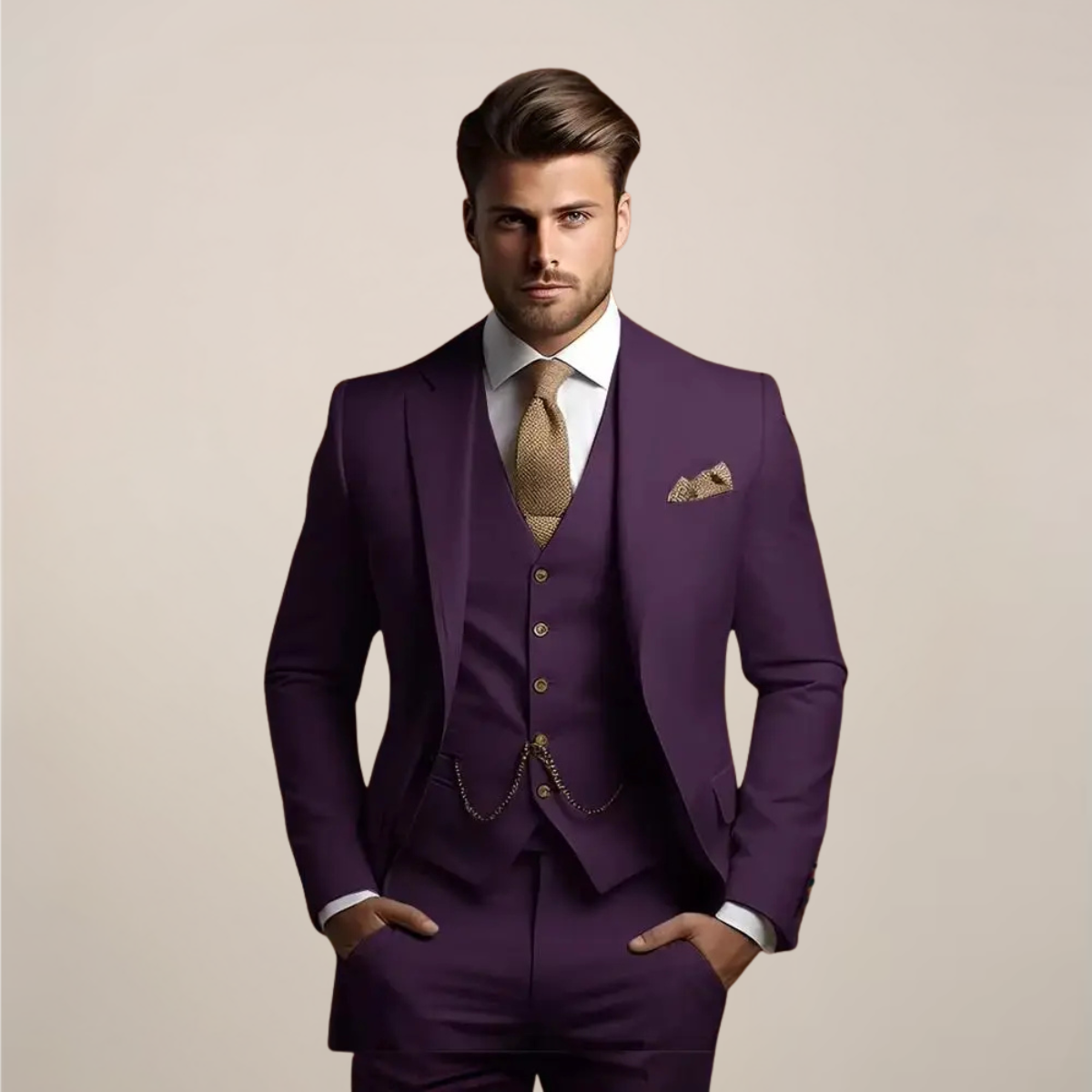Men's three-piece suit with tailored blazer, buttoned waistcoat and full-length trousers