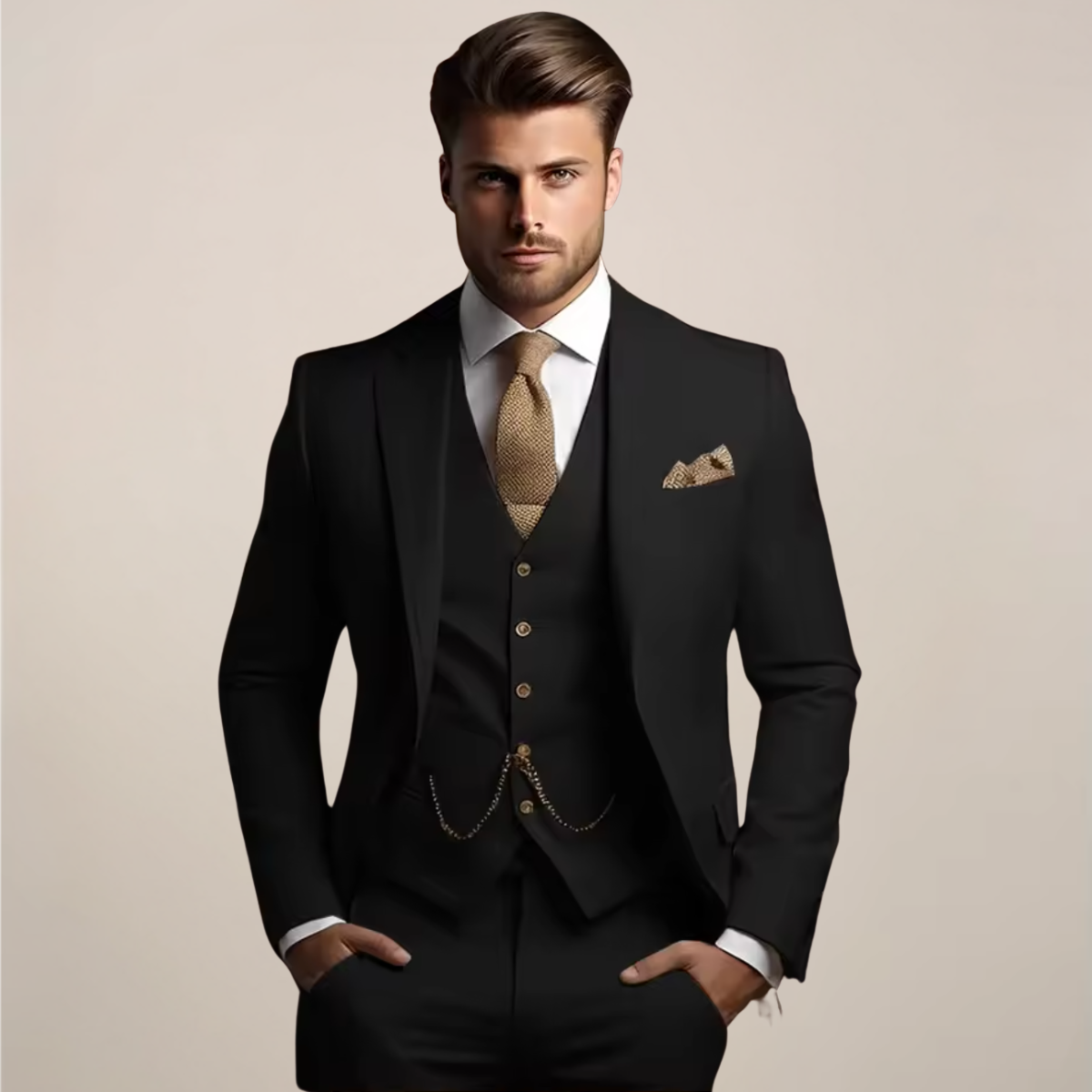 Men's three-piece suit with tailored blazer, buttoned waistcoat and full-length trousers