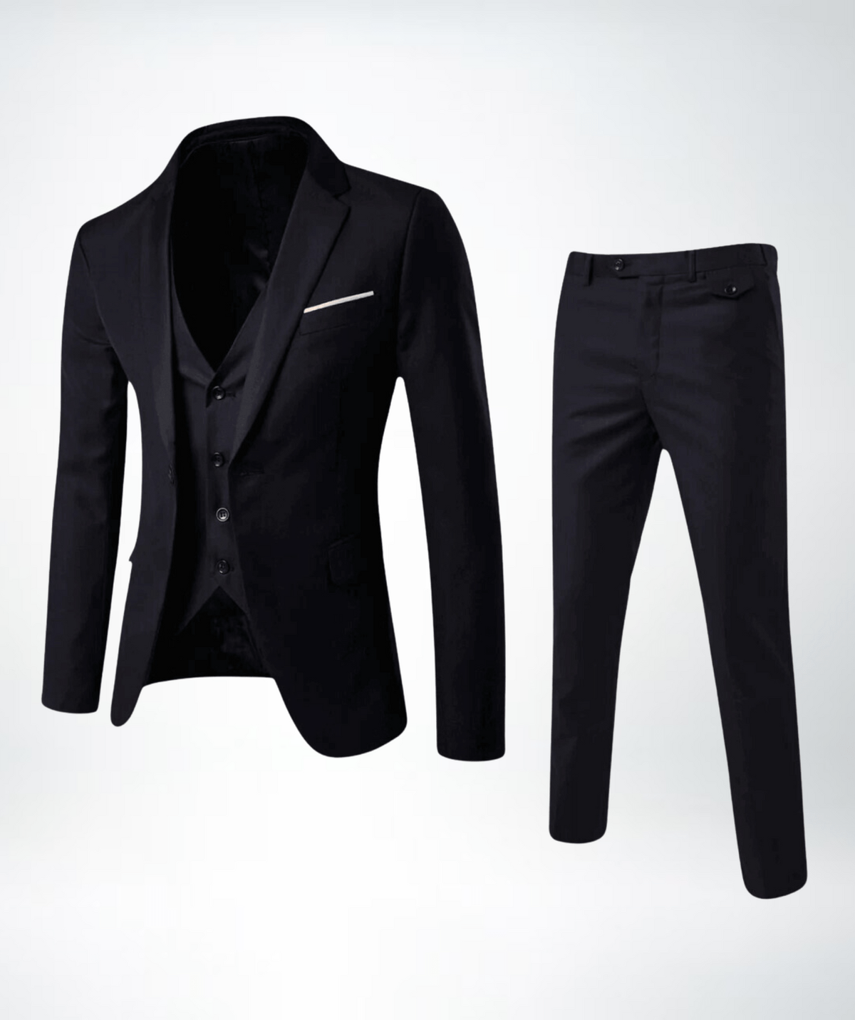 Men's three-piece suit set with buttoned jacket waistcoat and long trousers