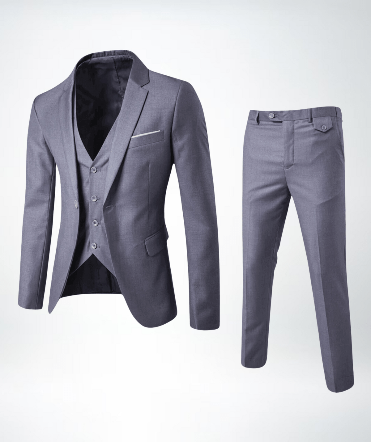 Men's three-piece suit set with buttoned jacket waistcoat and long trousers