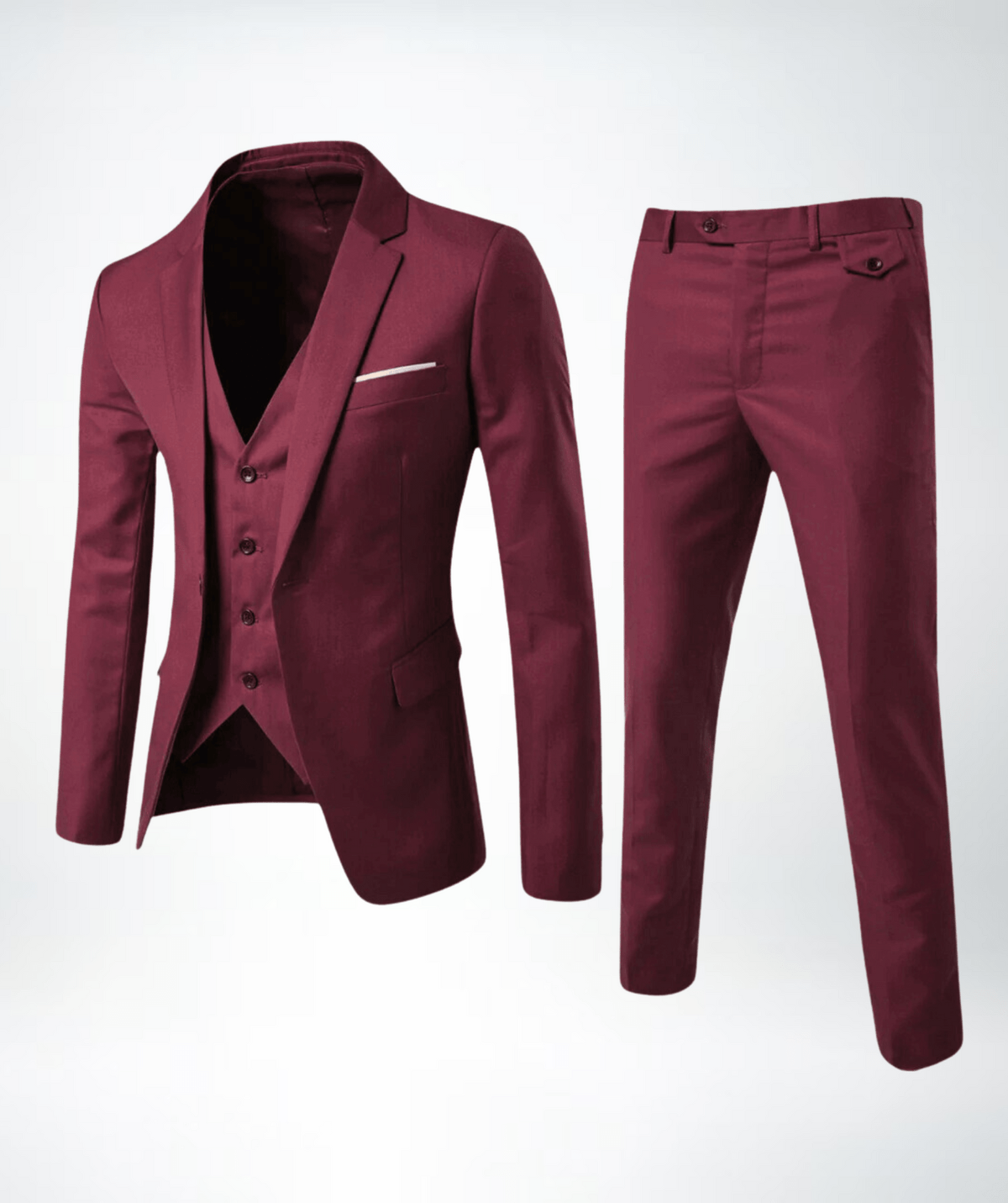 Men's three-piece suit set with buttoned jacket waistcoat and long trousers