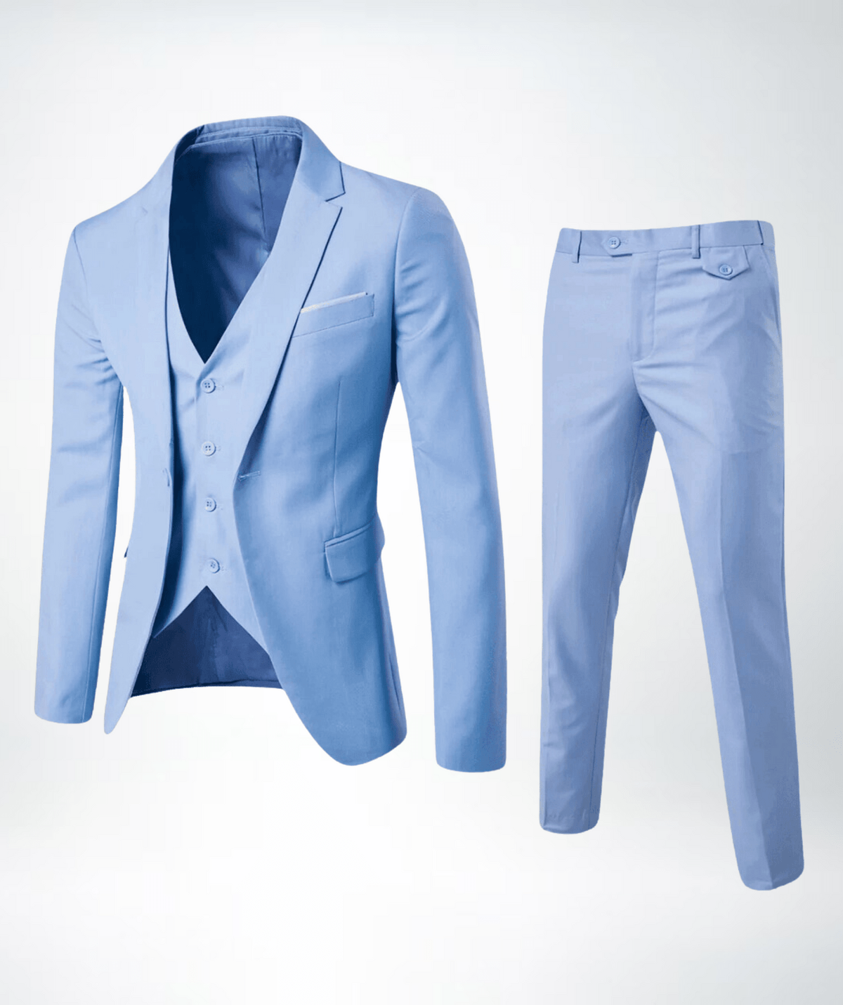 Men's three-piece suit set with buttoned jacket waistcoat and long trousers