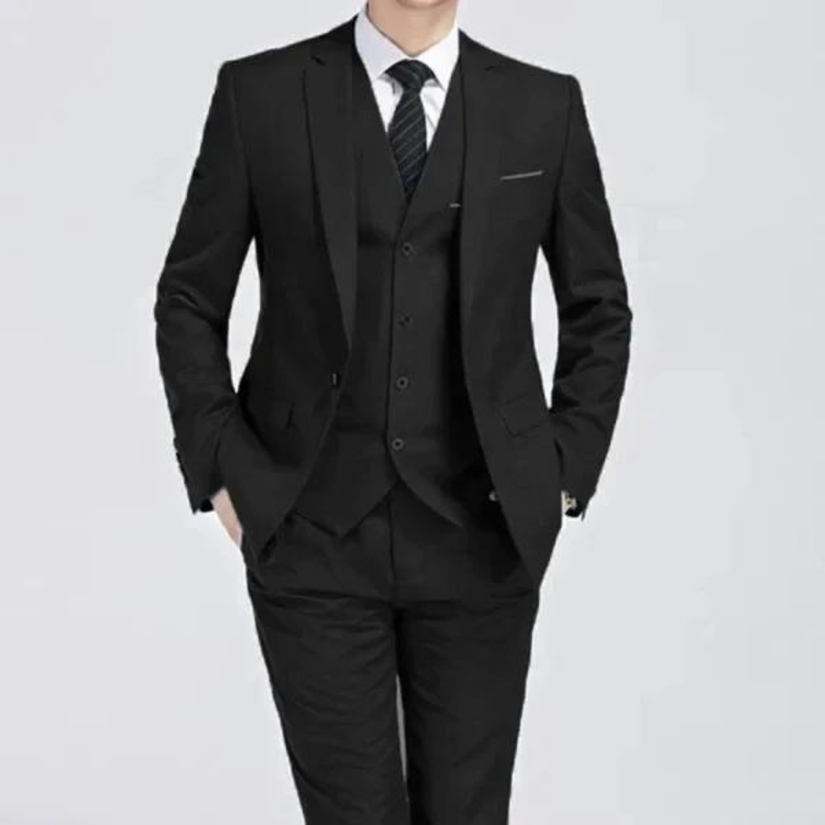 Men's three-piece suit with notch lapels, waistcoat and matching trousers