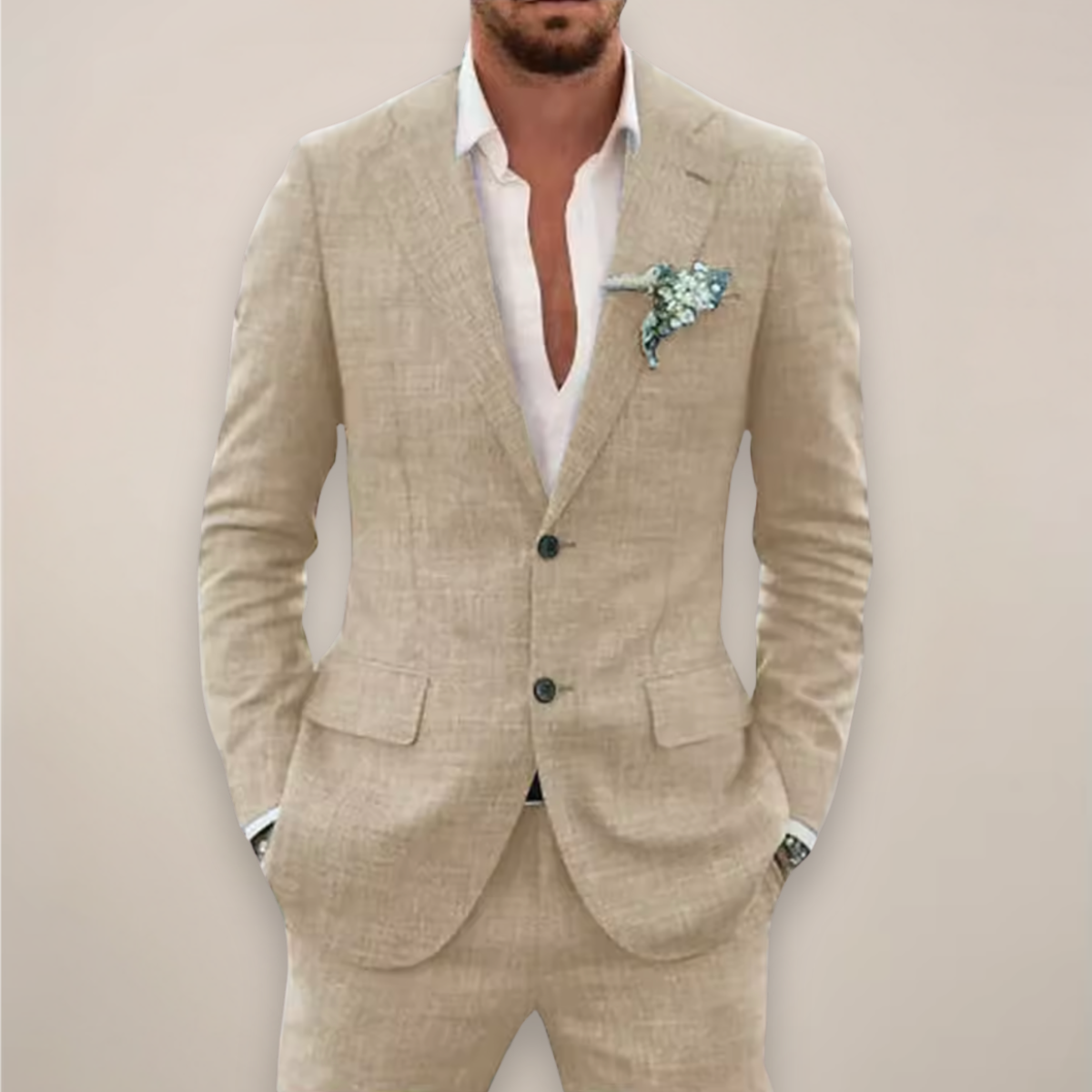 Men's two-piece textured suit with single-breasted jacket and matching trousers