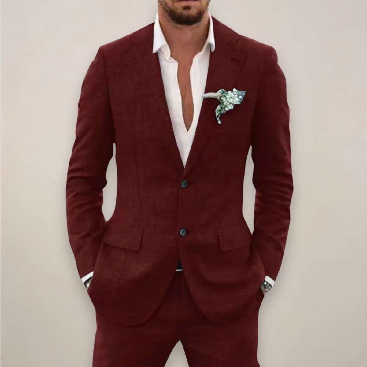 Men's two-piece textured suit with single-breasted jacket and matching trousers
