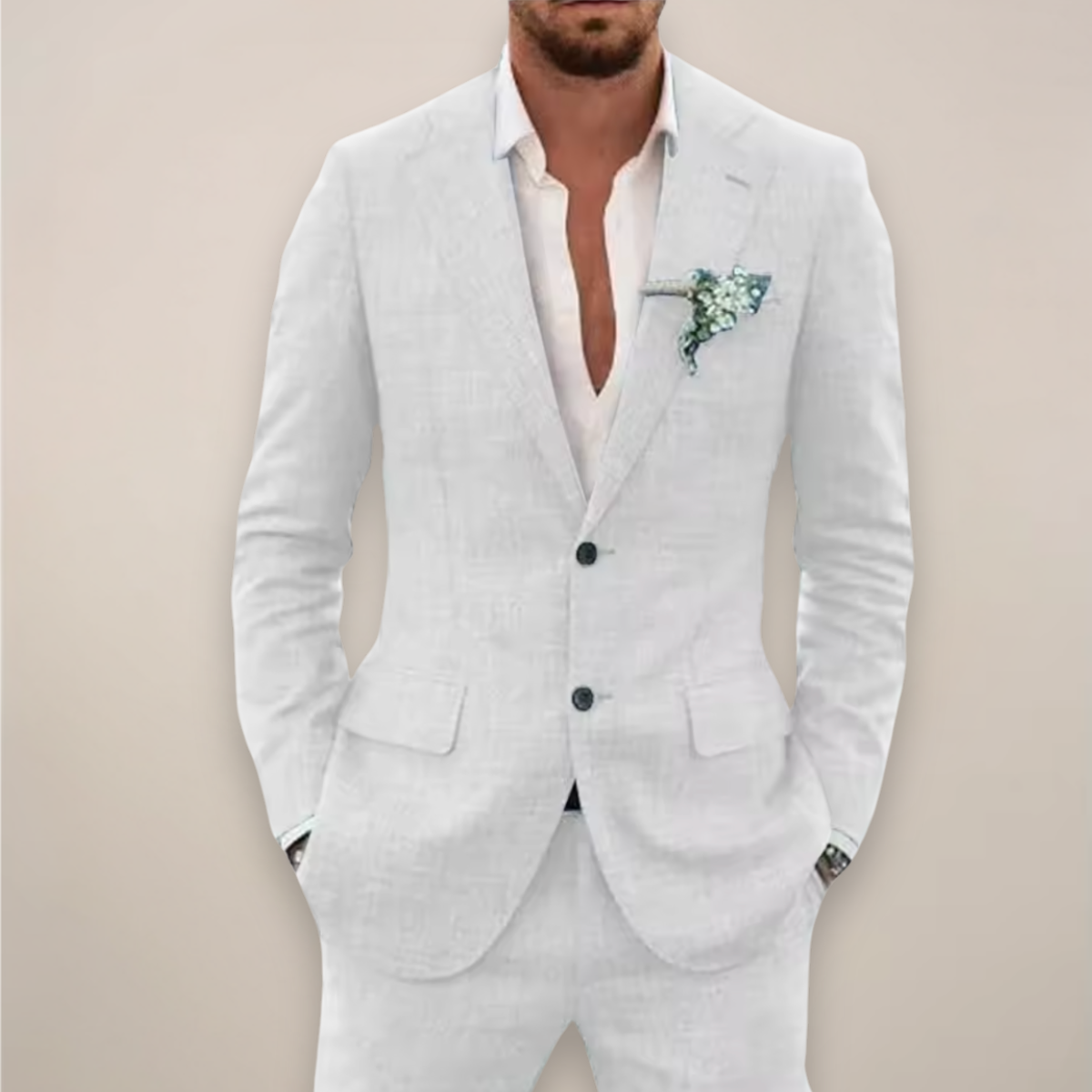 Men's two-piece textured suit with single-breasted jacket and matching trousers