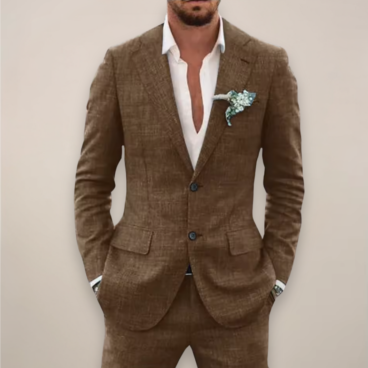 Men's two-piece textured suit with single-breasted jacket and matching trousers