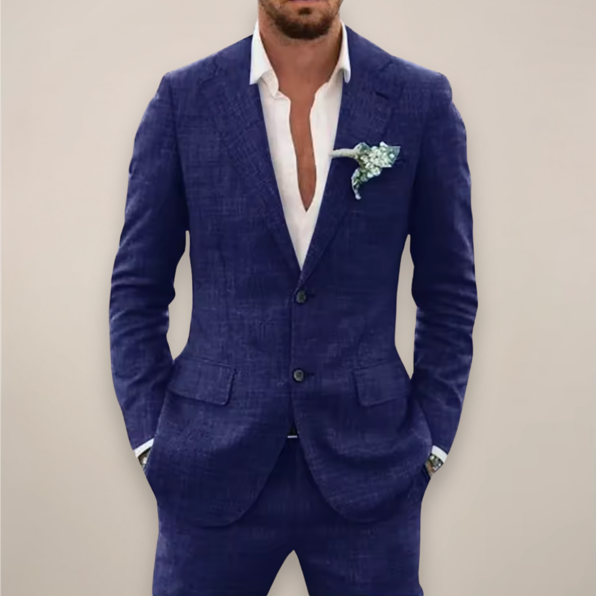 Men's two-piece textured suit with single-breasted jacket and matching trousers