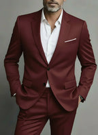 Men's burgundy slim fit suit with notched lapels, button jacket and matching trousers