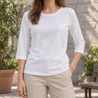 Women's plain crew neck T-shirt with 3/4 sleeves