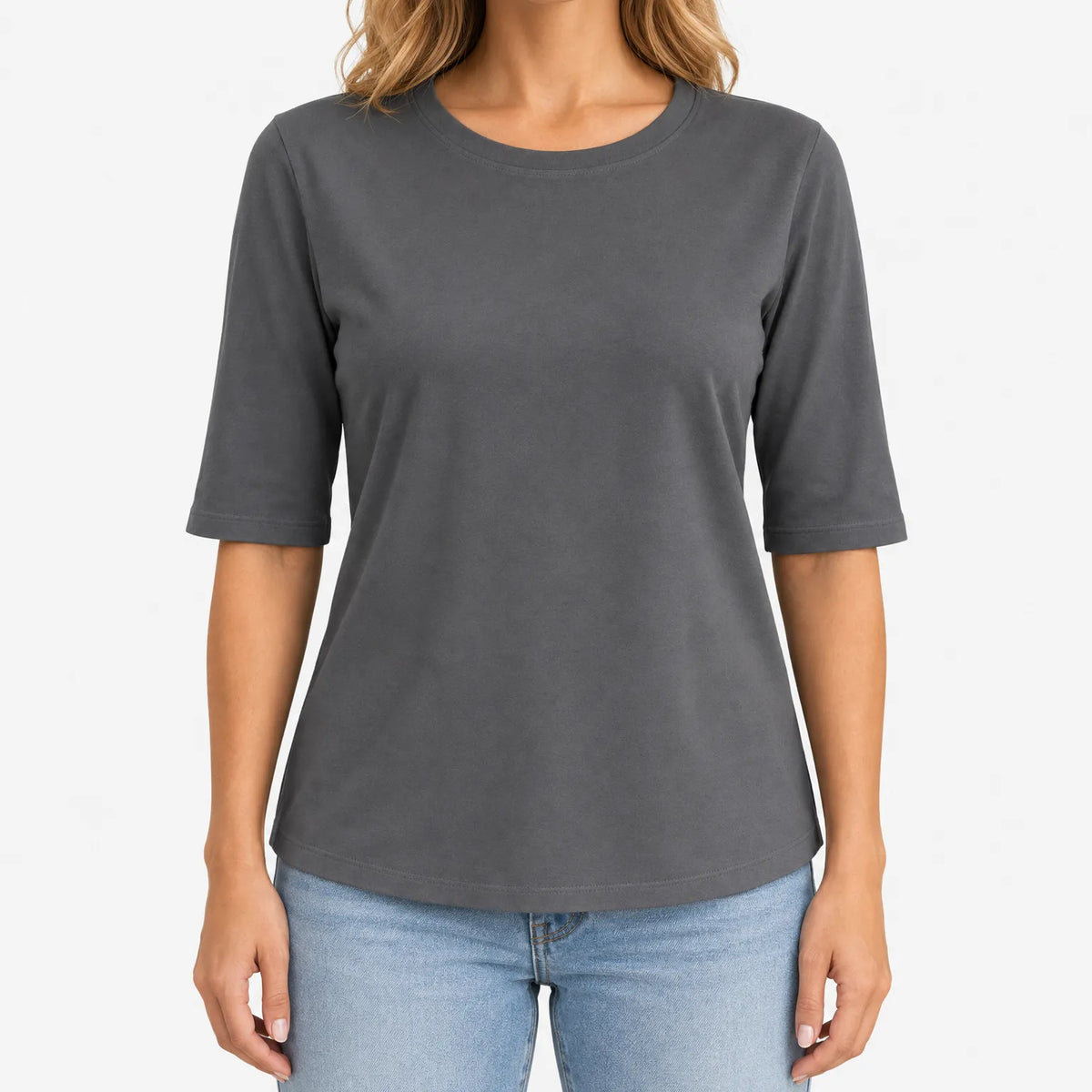 Women's plain crew neck T-shirt with 3/4 sleeves