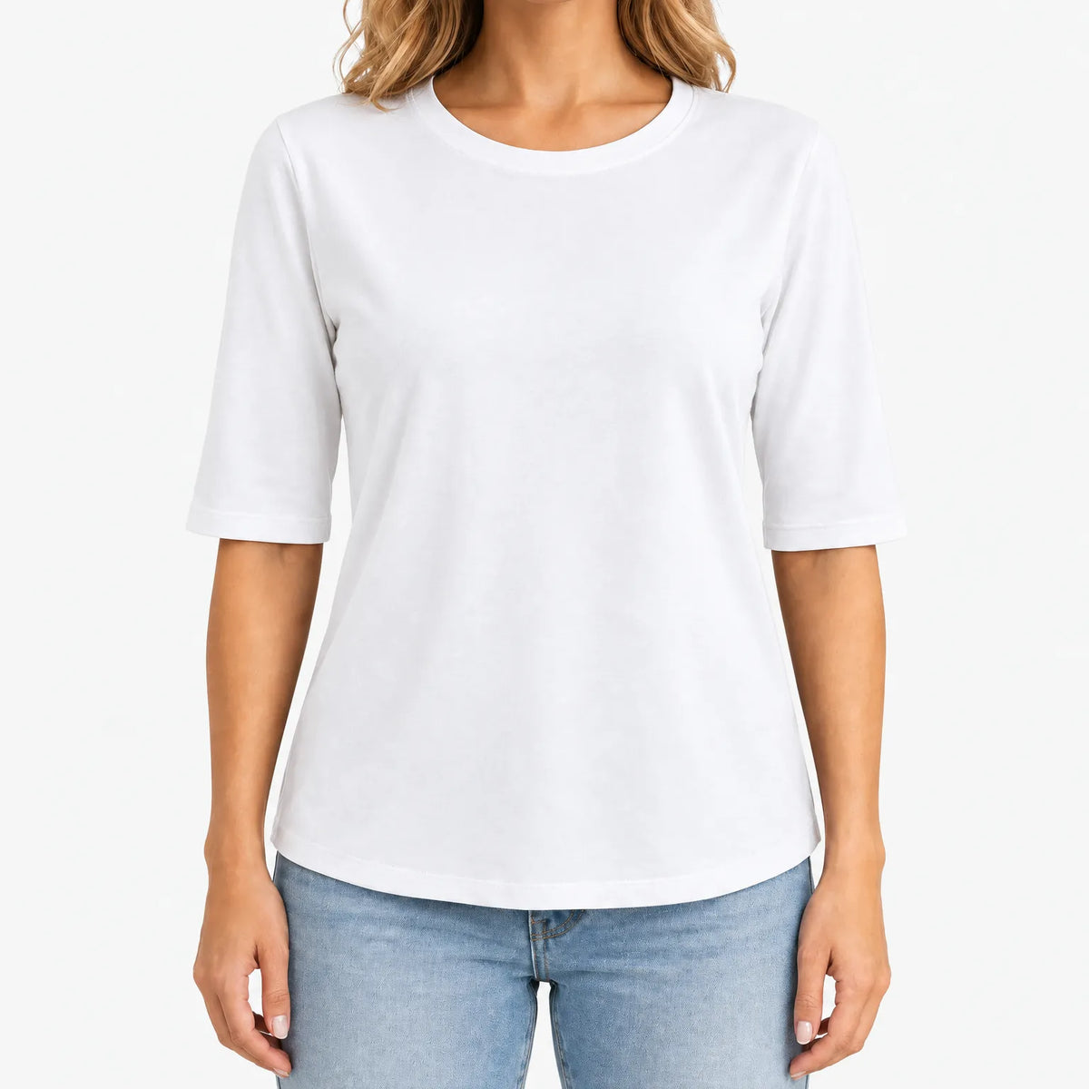Women's plain crew neck T-shirt with 3/4 sleeves