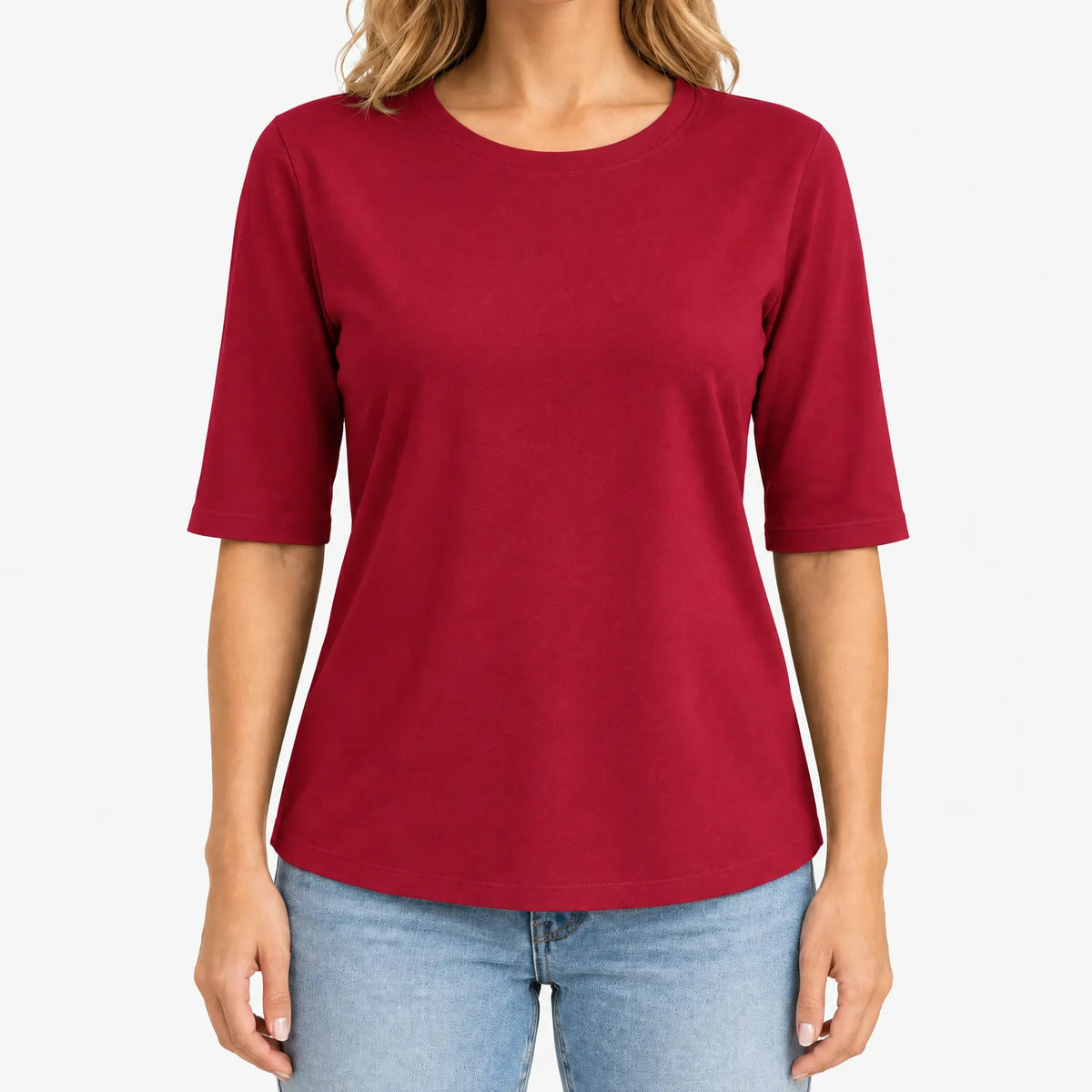 Women's plain crew neck T-shirt with 3/4 sleeves