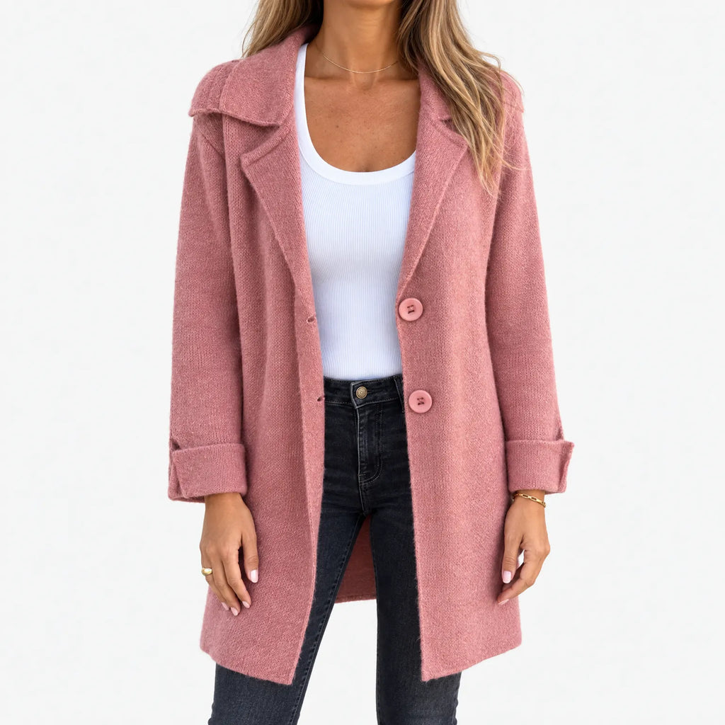 Women's longline knitted cardigan with lapel collar and button front