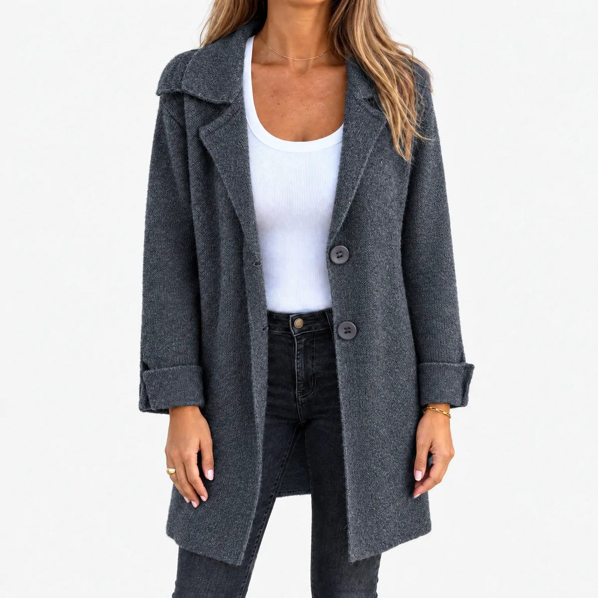Women's longline knitted cardigan with lapel collar and button front