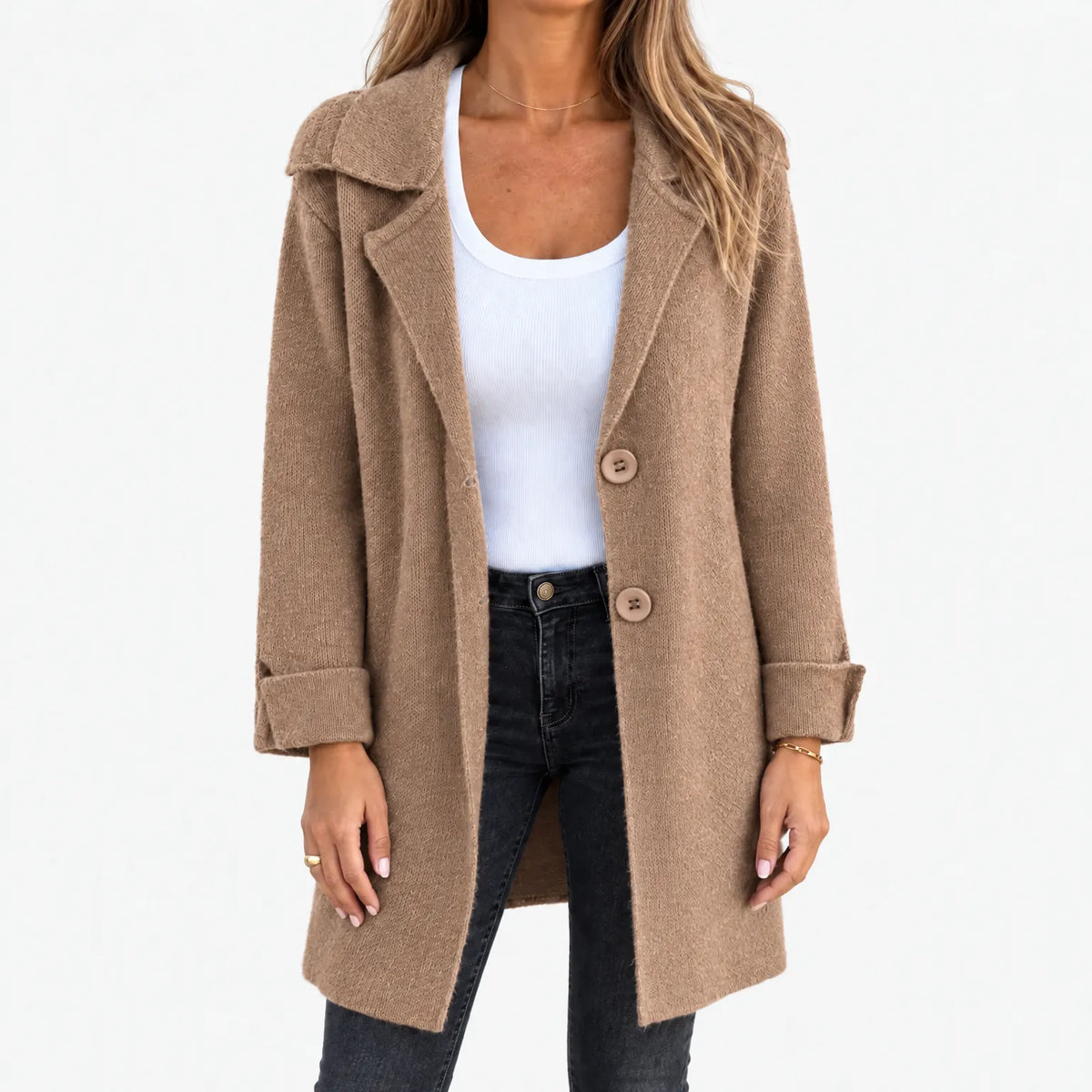 Women's longline knitted cardigan with lapel collar and button front