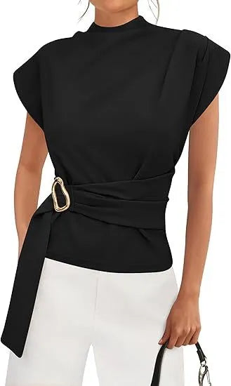 Women's wrap waist top with mock neckline, structured short sleeves and side buckle