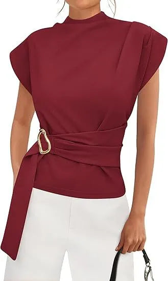 Women's wrap waist top with mock neckline, structured short sleeves and side buckle