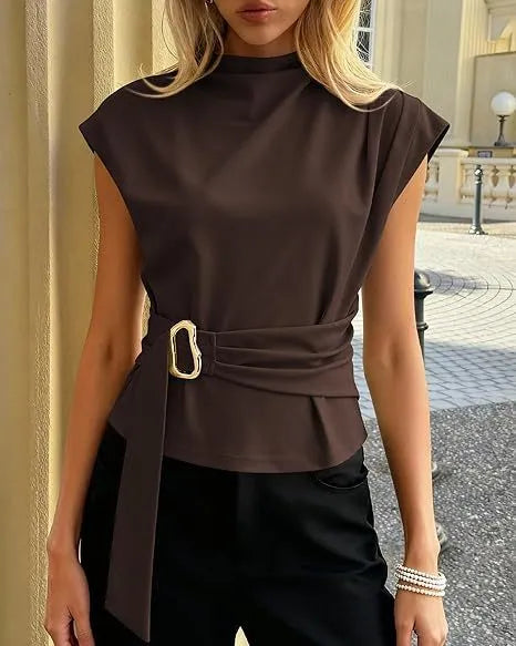 Women's wrap waist top with mock neckline, structured short sleeves and side buckle