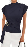 Women's wrap waist top with mock neckline, structured short sleeves and side buckle