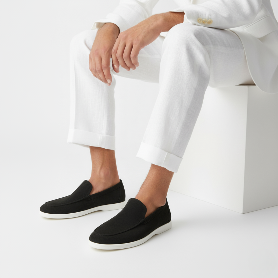 Men's slip-on loafers with moc toe stitching and flat soles