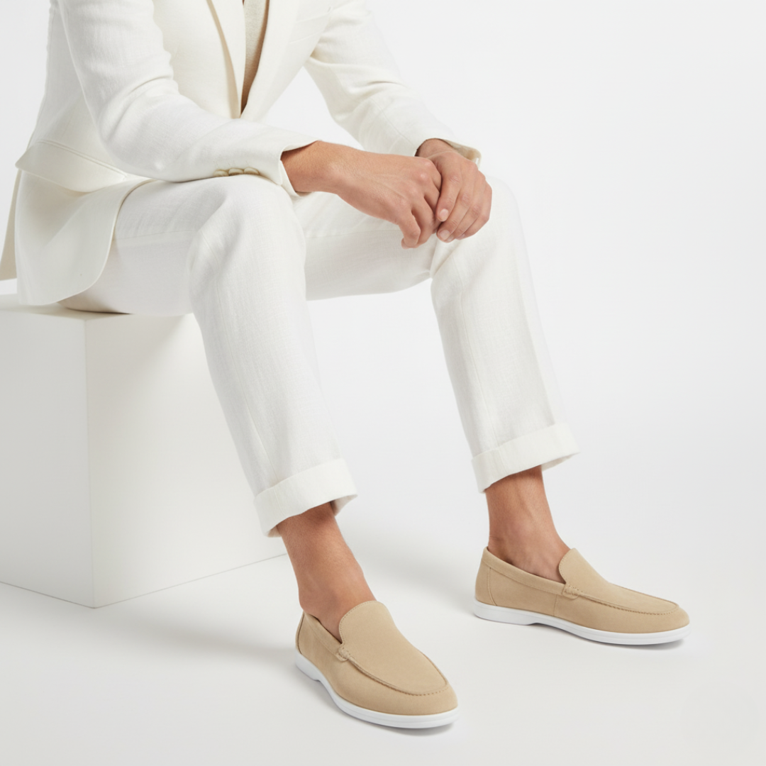 Men's slip-on loafers with moc toe stitching and flat soles