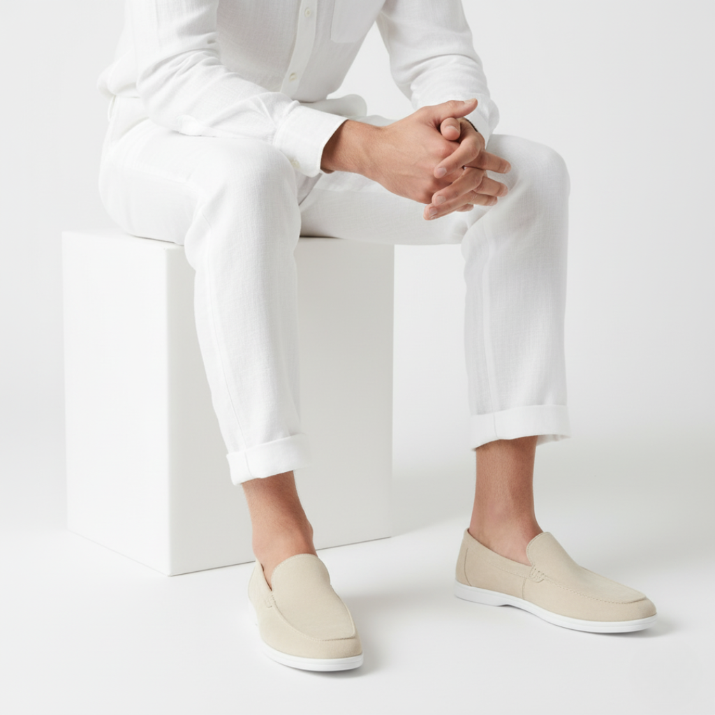 Men's slip-on loafers with moc toe stitching and flat soles
