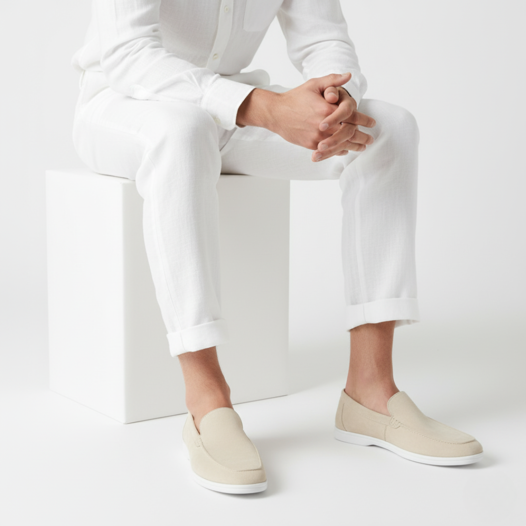 Men's slip-on loafers with moc toe stitching and flat soles