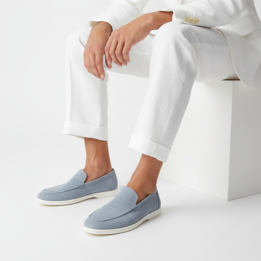 Men's slip-on loafers with moc toe stitching and flat soles