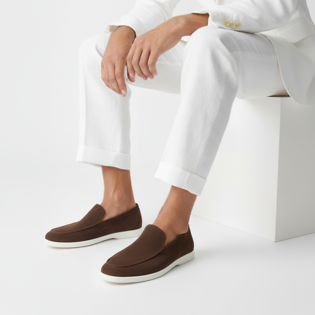 Men's slip-on loafers with moc toe stitching and flat soles