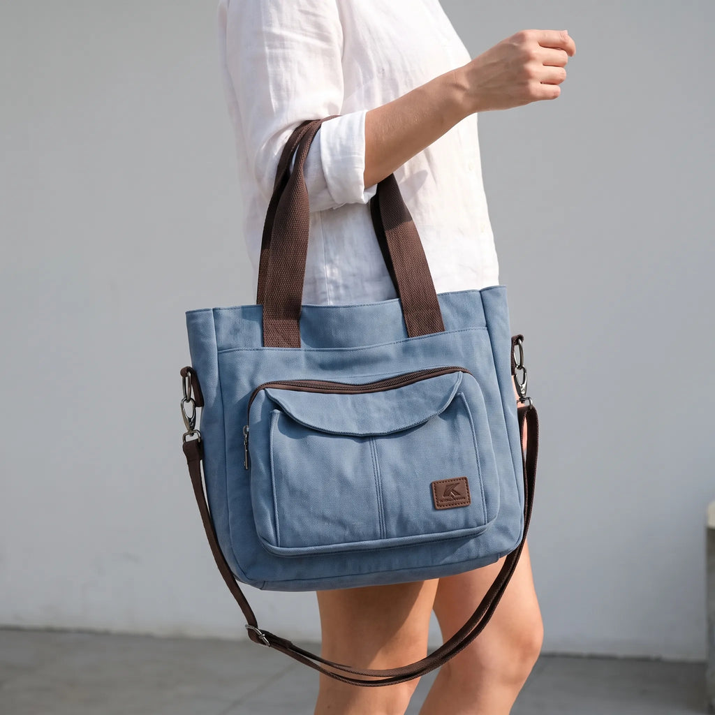 Woven tote bag with front zip pocket, twin handles and detachable shoulder strap