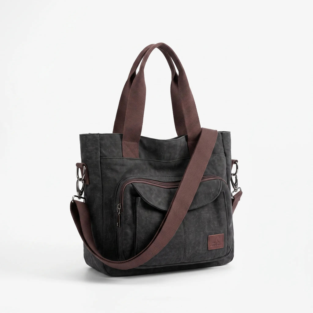 Woven tote bag with front zip pocket, twin handles and detachable shoulder strap