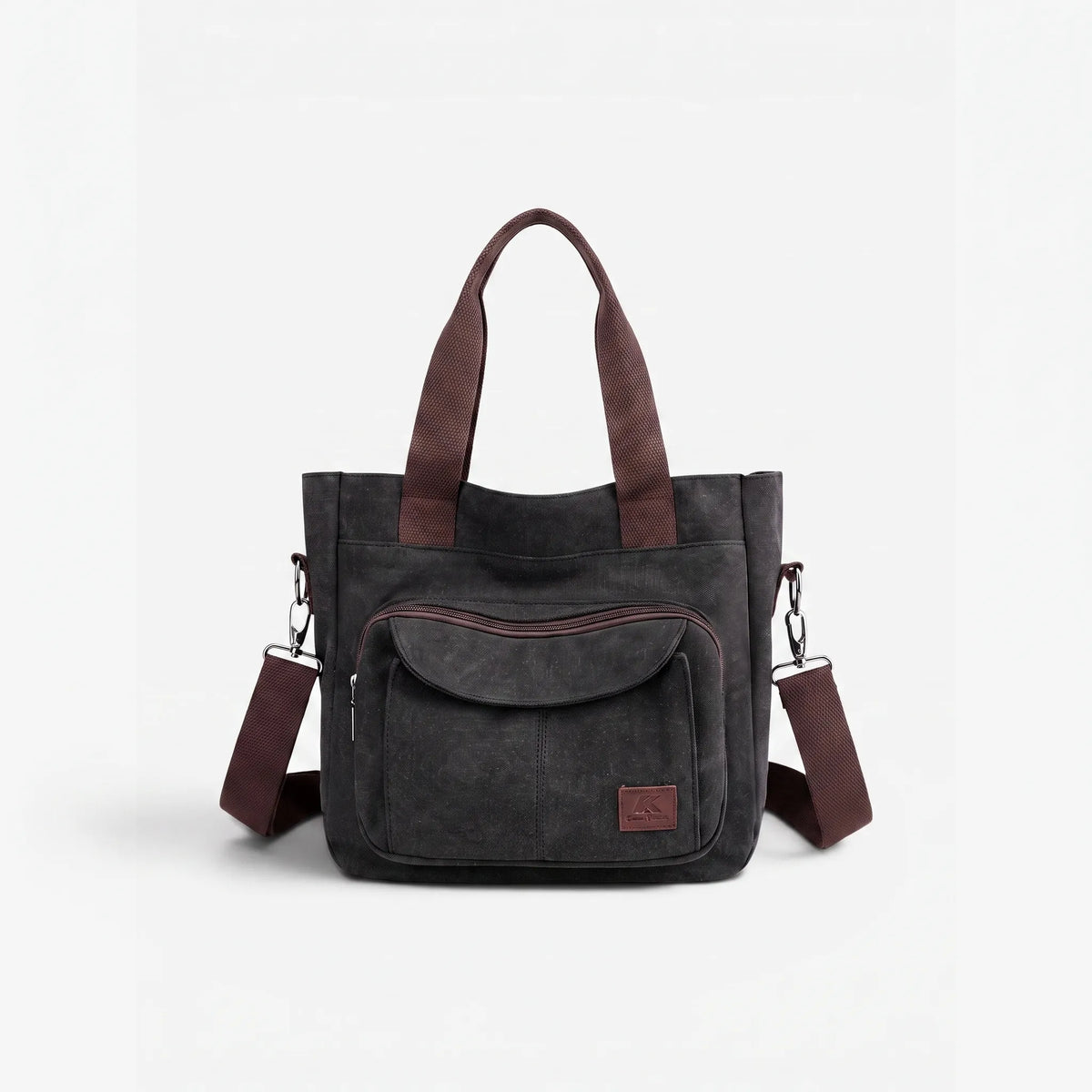 Woven tote bag with front zip pocket, twin handles and detachable shoulder strap
