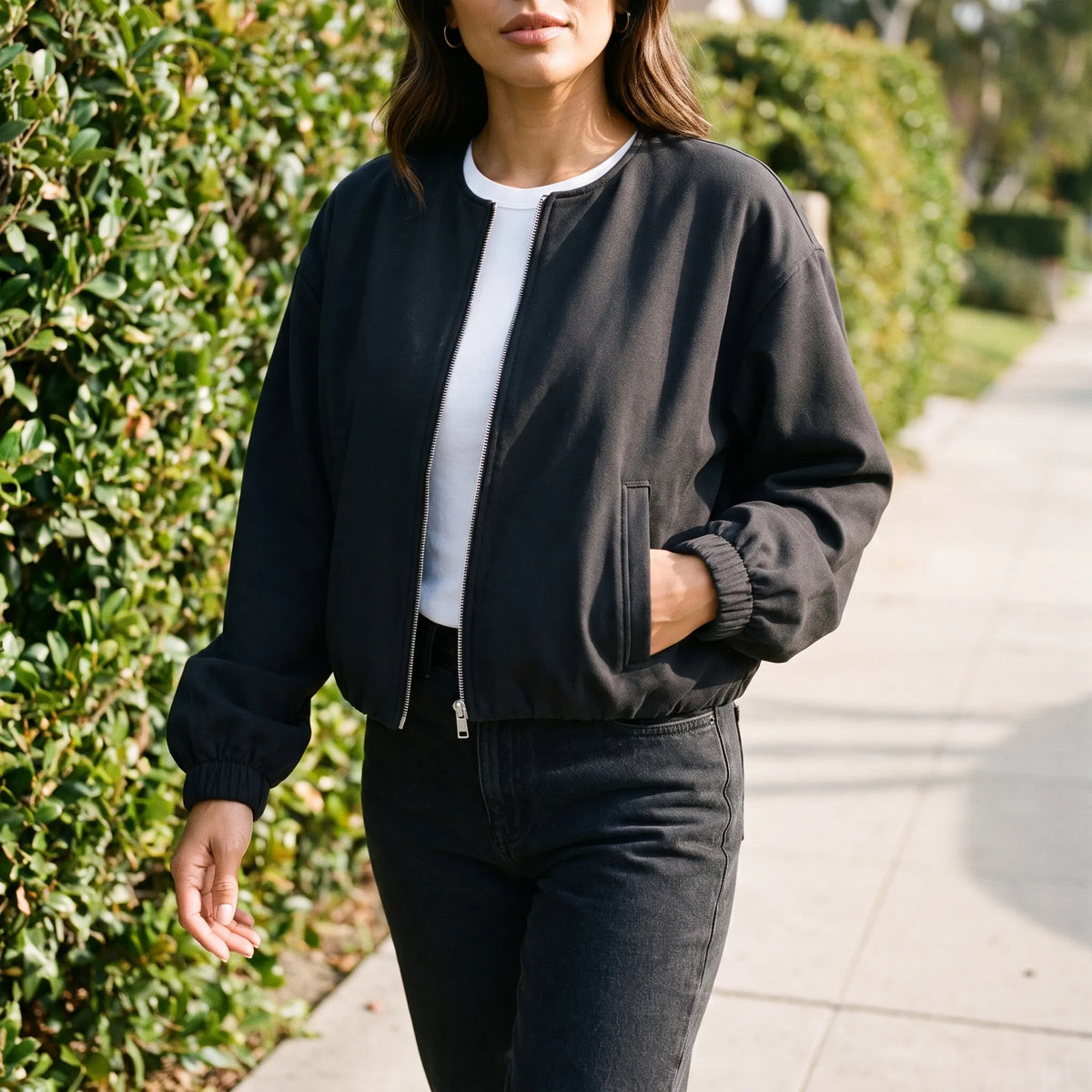 Women's textured bomber jacket with zip front and elasticated cuffs