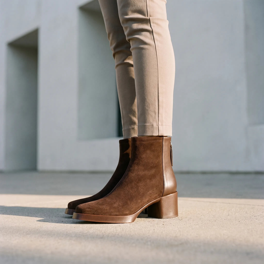 Women's pointed toe ankle boots with block heels and side zips