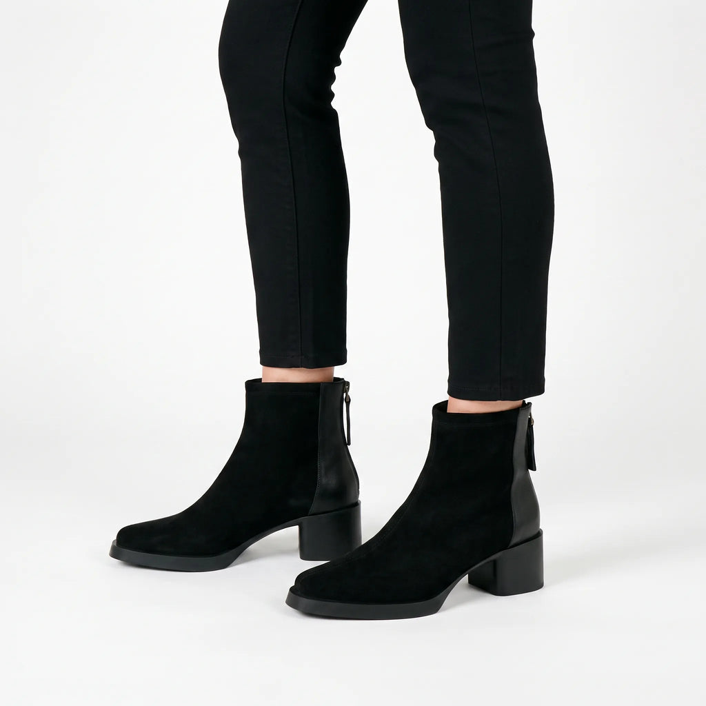 Women's pointed toe ankle boots with block heels and side zips