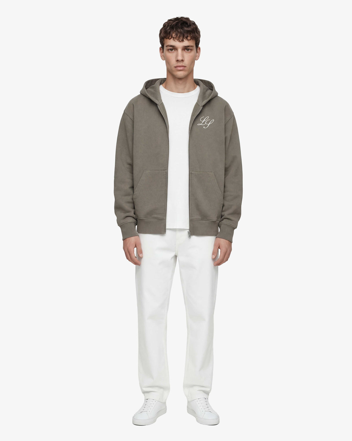 Men's grey zip-up hoodie with hood, long sleeves, front pockets and white chest lettering