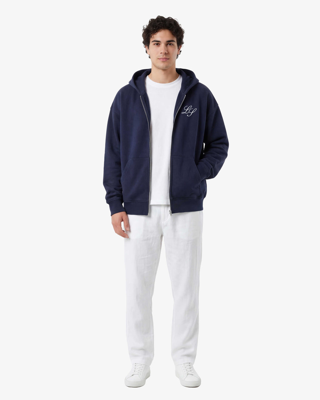 Men's navy full-zip hoodie with hood, front pockets and white chest monogram