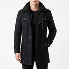 Men's structured layered overcoat with notched lapels, pockets and long sleeves